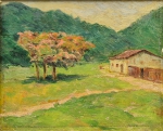 VIRGÍLIO LOPES RODRIGUES (1863-1944). "Paisagem com Casinha Rural e Sapucaieira", óleo s/ madeira, 14 x 16. Resquícios de assinatura no c.i.e.