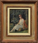 GEORGINA DE ALBUQUERQUE (1885-1962). "A Jovem Sentada com Lenço e Xale Vermelho", óleo s/ tela, 36 X 27. Assinado no c.i.d. Década de 30.
