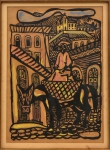 DI CAVALCANTI, EMILIANO (1897-1976). "Paisagem com Casario e Vendedor com Burrinho", gravura a cores, 38 X 26. Assinado no c.i.d. (Apresenta manchas no paspatur).