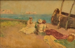 ANGELO CANNONE (1899-1992). "Dia de Sol em Praia na Costa Italiana", óleo s/ madeira, 16 X 24. Assinado no c.i.e. (Década de 50).
