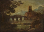 ESCOLA INGLESA (SÉC. XVIII). "Paisagem com Ponte, Castelo e Meninos na Beira do Rio Pescando", óleo s/ tela, 47 X 63.