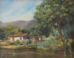 J. LONGUINO (BRASIL-SÉC.XX). "Casinha Rural com Pescador na Beira do Rio", óleo s/ eucatex, 33 X 40. Assinado no c.i.e.