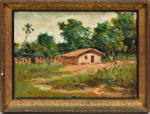 VIRGÍLIO LOPES RODRIGUES (1863-1944). "Fundo de Quintal em Casa de Campo", óleo s/ tampa de caixa de charuto, 13,5 X 18,5. Assinado no c.i.d.