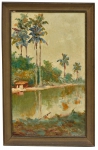 VIRGÍLIO LOPES RODRIGUES (1863-1944). "Casa de Campo com Coqueiros Próximo ao Rio", óleo s/ madeira, 27 X 17. Assinado no c.i.d.