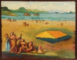 SIGAUD, EUGÊNIO PROENÇA (1899-1979). "Domingo de Sol em Dia de Praia", encáustica s/ madeira, 21 X 25. Assinado e datado (1974) no c.i.d.