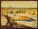 SIGAUD, EUGÊNIO PROENÇA (1899-1979). "Barracas e Banhistas na Praia", encáustica s/ madeira, 17 X 21. Assinado e datado (1977) no c.i.d.