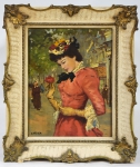 CARTIER (FRANÇA, 1900). "Dame en Rouge avec un Chapeau de Fleurs sans Boulevard de Paris", óleo s/ tela, 36 x 28. Assinado no c.i.e.