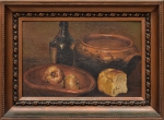 OSWALDO TEIXEIRA (1904-1975). "Panela de Barro, Garrafa de Vinho, Pão e Cebolas sobre a Mesa", óleo s/ madeira, 35 X 55. Assinado no meio esquerdo.