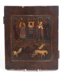 ÍCONE RUSSO - SÉC.XVIII. "Apóstolos e Arcanjo com Santo Sudário", óleo s/ madeira, 31 x 27.