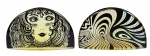 ABRAHAM PALATNIK (1928). Duas placas em resina, representando "Ondas" e "Indiana" nas cores âmbar e negro. Alt.: 9cm. Comp.: 14cm. Apresenta assinatura em 1 das placas. Reproduzido com foto no catálogo.