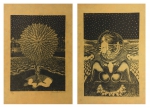 GILSON RODRIGUES (1942). Par de quadros: "Árvore da Vida" e "Mulher com Leões", xilogravura, 67 x 47. Assinado e datado (1972) no c.i.d.