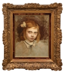 GEOFFROY, JEAN JULES HENRY (FRANÇA, 1853-1924). "La Jeune Fille Avec Ruban Sur la Tête.", óleo s/ tela, 72 x 33. Assinado no meio. Reproduzido com foto no catálogo.