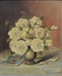 M. FETEL (BRASIL, SÉC. XX). "Vaso com Flores e Livro sobre a Mesa", óleo s/ eucatex, 61 X 50. Assinado. datado (1960) e dedicado no c.i.d.