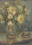JOSÉ MARIA DE ALMEIDA (1906-1995). "Potiche com Flores sobre a Mesa", óleo s/ tela, 46 X 35. Assinado no c.i.e. e datado (1967) no verso.