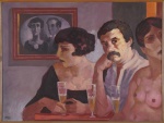 JUAREZ MACHADO (1941). "Figuras no Bar", óleo s/ tela, 45 x 60. Assinado e datado (1985) no c.i.e. e no verso. Reproduzido com foto no catálogo.