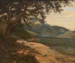 EDGAR WALTER (1917-1994). "Canto de Praia na Ilha Grande em Angra dos Reis", óleo s/ tela, 54 x 65. Assinado  e localizado Angra dos Reis no c.i.e. (Década de 40).