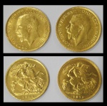 Duas libras em ouro 22k do período "George V", datadas de 1915 e 1926. Peso total: 8g.