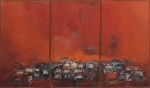 JENNER AUGUSTO (1924-2003). "Paisagem com Casario e Céu Vermelho na Bahia", óleo s/ tela (tríptico), 45 X 77. Assinado e datado (1966) no c.i.d.