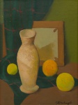 ADO MALAGOLI (1906-1994). "Vaso, Frutos e Tela Sobre a Mesa", óleo s/ tela colado no eucatex, 40 x 30. Assinado no c.i.d.. Reproduzido com foto no catálogo.