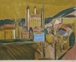 CARLOS BRACHER (1940). "Casario e Igreja em Cidades Históricas de Minas Gerais", serigrafia a cores, 60 x 73. Assinado no c.i.d.