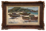 OSWALDO TEIXEIRA (1905 - 1974). "Canoas e Meninos na Praia dos Anjos - Cabo Frio", óleo s/ madeira, 39 x 71, assinado no c.i.e. e no verso (1964). Reproduzido com foto no catálogo.