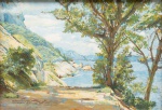 OSWALDO TEIXEIRA (1905 - 1974). "Costão da Praia Vermelha - RJ", têmpera s/ cartão, 41 x 70. Assinado, datado (1956) e localizado no c.i.e. Reproduzido com foto no catálogo.