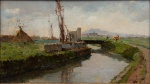 PARLAGRECO, BENIAMINO (1856 - 1902). "Paisagem com Rio, Ponte e Palhoça", óleo s/ madeira, 20 x 34. Assinado e datado no c.i.d. Reproduzido com foto no catálogo.