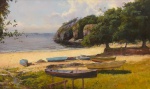MAURO FERREIRA (1958). "Canto de Praia com Canoas em Niterói", óleo s/ tela, 46 x 75. Assinado e datado (2008) no c.i.d.