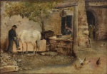 GIUSEPPE ZANNONI (ITÁLIA, 1849-1903). "Fundo de Quintal com Personagens, Cavalo e Galináceos", óleo s/ tela, 46 X 66. Assinado no c.i.d. Artista citado no Benezit.