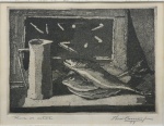 IBERÊ CAMARGO (1914-1994). "Peixes e Jarra s/ a Mesa", xilogravura (prova do artista), 18 X 23. Assinado e datado (1954) no c.i.d.