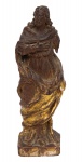 JESUS CRISTO. Rara imagem em madeira com resquícios de policromia e dourada. Alt.: 21cm. Portugal-Séc.XVIII. (Falta o braço esquerdo). Reproduzido com foto no catálogo.