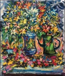 SERGIO TELLES (1936). "Vaso e Bule com Flores sobre a Mesa", óleo s/ tela, 70 x 60. Assinado no c.i.e. e datado (2015) no c.i.d. Reproduzido com foto no catálogo.