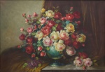 N. SONCI (ARGENTINA, SÉC. XX). "Vaso com Rosas Sobre a Mesa", óleo s/ tela, 70 x 100. Assinado no c.i.d.