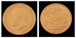 Libra em ouro 22k do período "George V", datada de 1916. Peso: 8g.