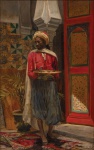 JEAN-LÉON GÉROME (FRANÇA, 1824-1904) ."O Serviçal Marroquino", óleo s/ madeira, 46 x 29. Assinado com monograma e datado (1878) no c.i.d. Reproduzido com foto no catálogo.