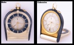 JAEGER LE COULTRE. Relógio suíço de bolso com despertador, reversível para cabeceira da marca "Jaeger Le Coultre", em plaque d'or e esmalte negro. Alt.: 4,0cm. Funcionando.