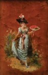 IGNACIO ZULOAGA Y ZABALETA (ESPANHA, 1870-1945). "Dama con Abanico", óleo s/ madeira, 32 X 21. Assinado no c.i.d. Esta obra fez parte da famosa Coleção Areal. Reproduzido com foto no catálogo.
