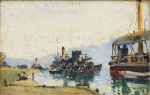 NAVARRO DA COSTA, MÁRIO (1883-1931). "Embarcações na Beira do Cais", óleo s/ cartão, 19 X 30. Assinado no c.i.e. e no verso (datado 1917). Selo da "Galeria Petrópolis". Reproduzido com foto no catálogo.