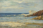 RENATO DE ALMEIDA ( 1921-?). "Canto de Praia no Leblon - Rio", óleo s/ tela, 60 x 92. Assinado no c.i.d.