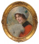 ANTOINE CALBET (FRANÇA, 1860-1944). "La Dame au Chapeau Violet", óleo s/ tela, oval, 46 x 38. Assinado no canto lateral esquerdo. Reproduzido com foto no catálogo.