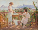 GEORGINA DE ALBUQUERQUE (1885-1962). "Chá da Tarde em Niterói com Vista para o Rio de Janeiro", óleo s/ tela, 53 X 65. Assinado no c.i.d. (Década de 20). Reproduzido com foto na capa do catálogo.