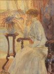 MARIA VASCO (1879-1965). "Contemplando a Paisagem", aquarela, 35 X 25. Assinado no c.i.e. Reproduzido com foto no catálogo.