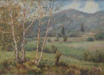 CARLO AIMETTI  (ITÁLIA, 1901-1980). "Paisagem com Árvores e Montanha", óleo s/ madeira, 49 X 68. Assinado no c.i.e. Apresenta cachet de galeria italiana no verso.