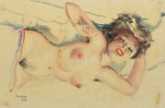 WAMBACH, GEORGE (1901-1965). "Nú em Repouso", aquarela, 33 X 49. Assinado e datado (1955) no c.i.e. Reproduzido com foto no catálogo.