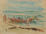 ARTISTA NÃO IDENTIFICADO. "O Retorno da Pesca na Praia de Copacabana", aquarela, 36 X 45. Assinado no c.i.e. e localizado (Copacabana) no c.i.d.