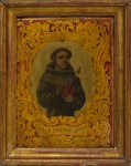 ESCOLA PORTUGUESA (Séc. XVIII). "Santo Antonio", óleo s/ flandres, 22 x 16. Apresenta inscrições. Reproduzido com foto no catálogo.