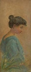 SALVADOR PARLAGRECO (1871-1953). "A Menina de Vestido azul", óleo s/ caixa de charutos "Flor Fina", 20 X 9. Assinado e datado (1908) no c.i.d.