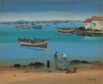 SYLVIO PINTO (1918-1997). "Pescadores em Portugal", óleo s/ tela, 60 X 73. Assinado no c.i.d. e no verso (1979).