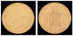 Moeda brasileira em ouro 22k do período "Império" no valor de 20.000 Réis, datada de 1857. Peso: 17,93g. (Imperceptível marca na borda).