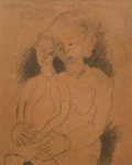 ANTONIO BANDEIRA (1922-1967). "Maternidade", crayon e grafite, 27 X 22. Assinado no c.s.e. e dedicado no c.s.d.